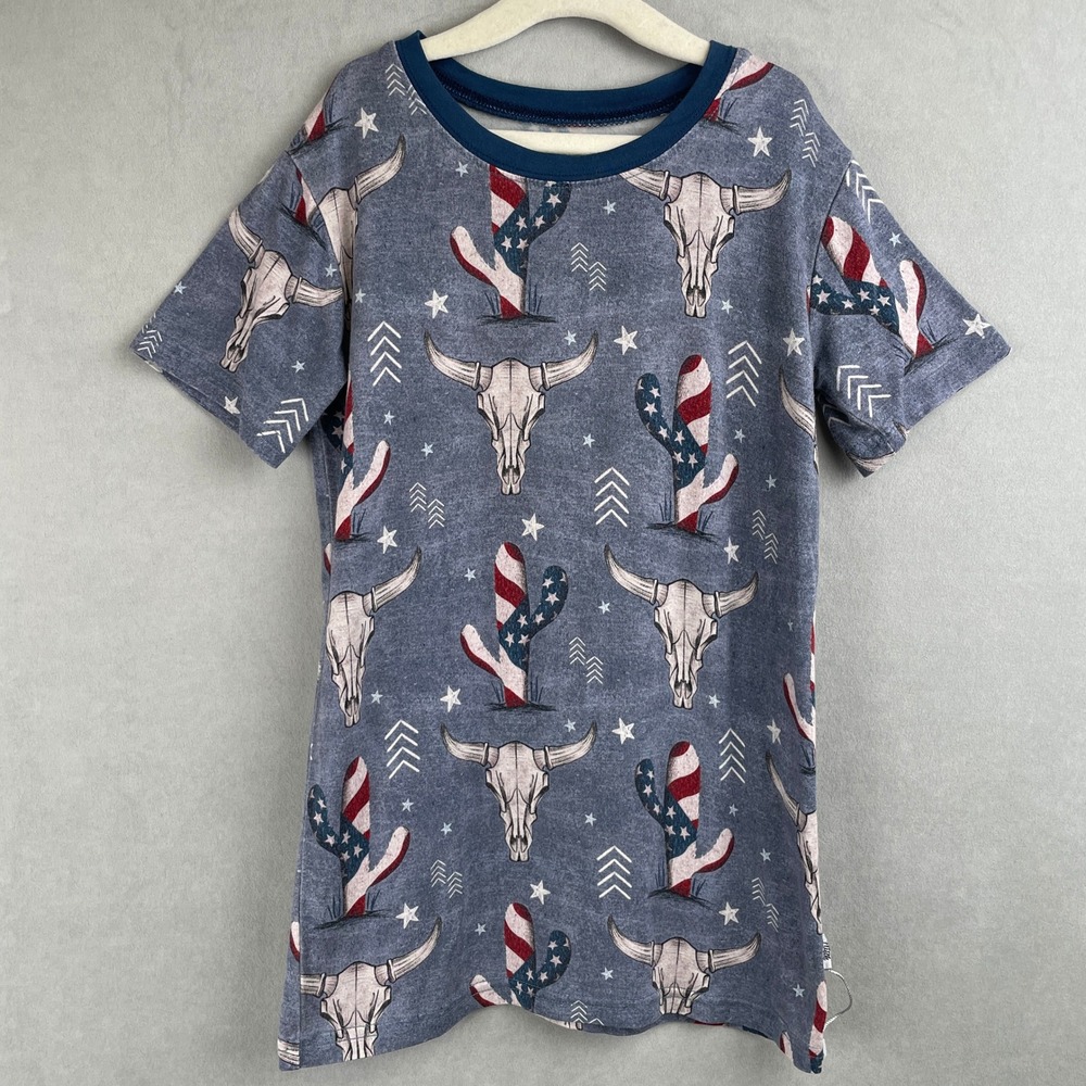 Fletch Kid Western Patriotic Soft Bamboo Pajama Top Steer Skull Cactus Blue 7-8Y